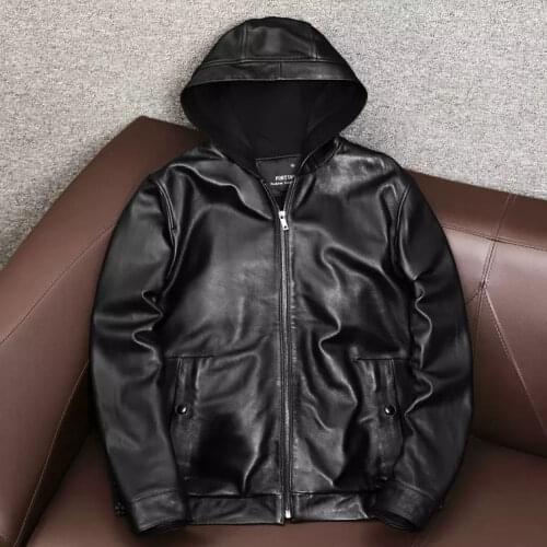 2021 Spring Autumn Men Fashion Leather Jacket Hood Natural Sheepskin Real Leather Jackets Man Casual Loose Leather Coats B284