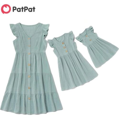 PatPat 2021 New Arrival Summer Cotton Solid Ruffle Matching Dresses Matching Outfits Mommy and Me Mother and Childrens Clothing