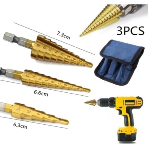 3pcs HSS Step Cone Drill Bit Set Titanium Coated Hole Cutter Bit Set 3-12 4-12/20 mm+Pouch Woodworking Hole Milling Cutter