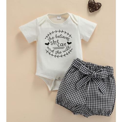Newborn Baby Girls Clothes 2PCS Summer Outfits, Short Sleeve Letter Print Romper Tops+ Plaid Shorts Set Newest Fashion 2021