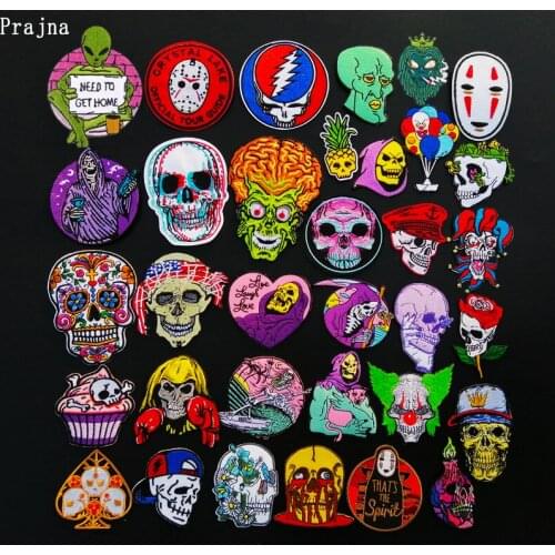 Prajna Hippie Alien Patch Iron On Colorful Punk Skull Patches For Clothes Biker Skeleton Embroidered Badge Smoking Alien Sticker