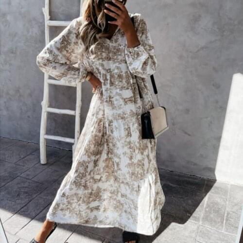 Summer Women Printed Bohemian Puff Sleeve Dress V Neck Drawstring Long Sleeve Breathable Loose Robe Holiday Vestidos