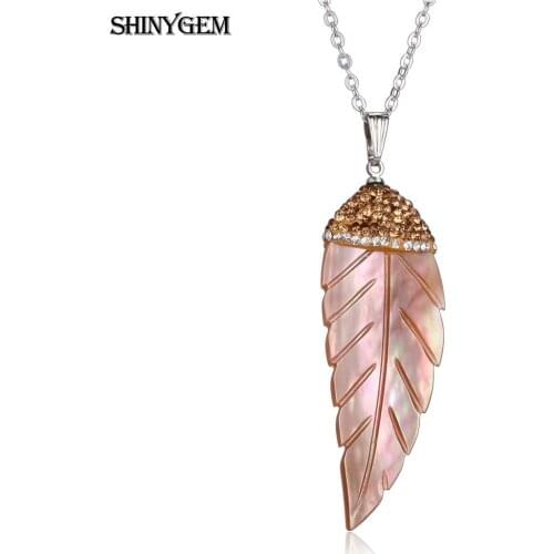 ShinyGem Charm Natural Smooth Shell Feather/Leaf Pendant Necklaces Micro Inlay Rhinestone Seashell Choker Necklaces For Women