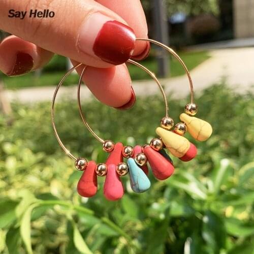 SAY HELLO Colorful Turquoises Round Hoop Earrings Girls Women Metal Acrylic Tassel Stone Beads Dangle Earrings Brinco A50110