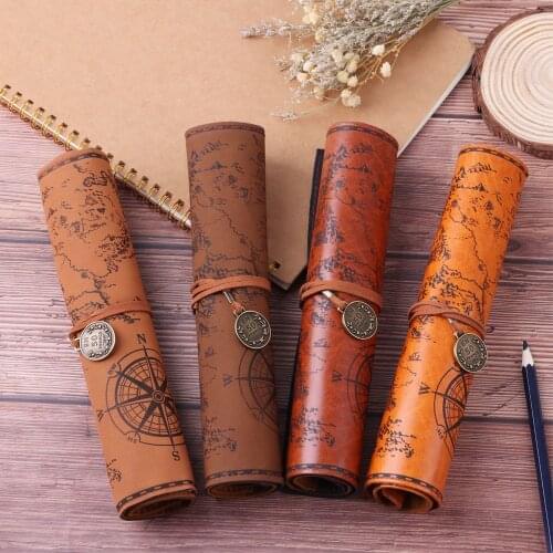 Retro PU Leather Fold Pencilcase Treasure Map Pattern Pen Bag Big Capacity Makeup Brush Pouch School Office Stationery Supplies