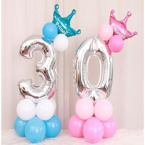 16pcs 32inch Silver 0-9 Foil Number Balloon mix mini Crown Balloon Column For Boys Girls Birthday Party Baby Shower Decorations
