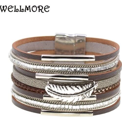 WELLMORE charm Leather Bracelets For Women & Men Multiple Layers feather wrap Bracelets Couple gifts fashion Jewelry wholesale
