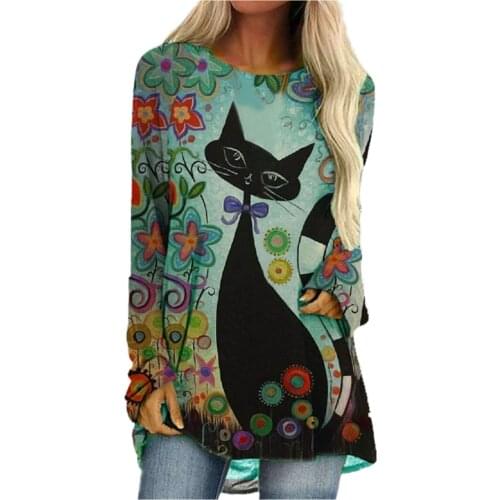 Women Long Sleeve Loose T-shirt Top O-neck Vintage Patchwork Cat Flowers Personalized Printing Shirt All-match Girls T-shirt