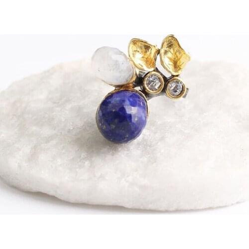 Blue Lapis Lazuli and White Zircon Gold Plated Womens Silver Ring,Woman 925Silver Zircon Handmade Ring, MultiColor