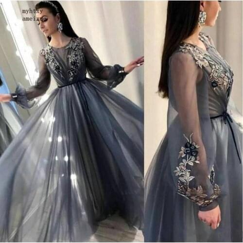 New Arrival Tulle Dress Sexy Evening Cheap long Sleeve Abendkleider 2020 Formal Dress Party Muslim Dress Plus Size Long Gown
