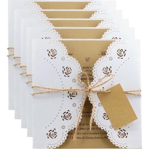 10/20/30pcs Laser Cut European Wedding Invitations Card with Hemp Rope Tags Hollow Out Rose Greeting Cards Wedding Party Decor