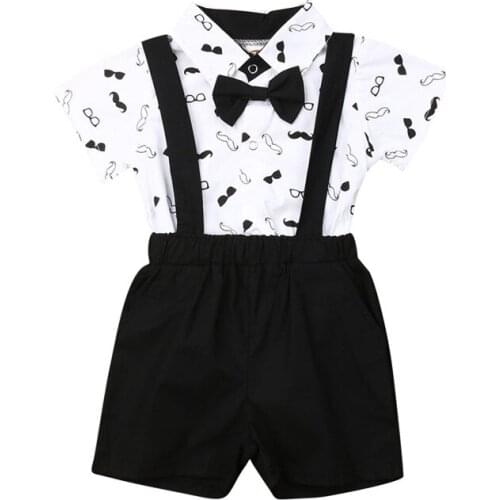 2020 Newborn Baby Boy Gentleman Suit Summer Short Sleeve Bow Tie Print Shirt Rompers+Short Bib Pants Overalls 2PCS Clothing Set