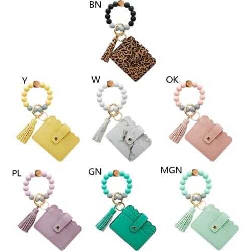 Wristlet Keychain Silicone Beaded Bracelet Leather Tassel Wallet Bangle X6HE