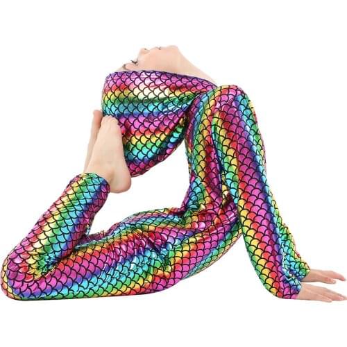 4-12Years Children Fashion Rainbow Sequin Mermaid Jumpsuit Fish Scale Hooded Bodysuit Costume Scale Colorful Jumpsuit