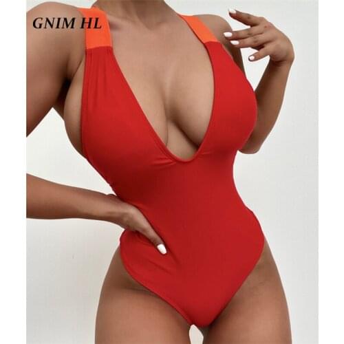 GNIM Sexy V Neck Swimwear Women One-Piece Solid Bandage Halter Summer Beachwear Bathing Suit Women High Waist Brazilian Swimsuit