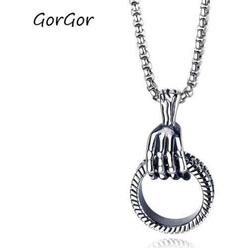 GorGor Unisex Jewelry Hip Hop Skull Hand Necklace Titanium Steel Mens Pendant Individuality Simplicity Fashion Necklace 1486