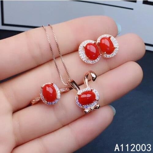 KJJEAXCMY Fine Jewelry 925 sterling silver inlaid natural red coral new female ring pendant earring set popular supports test