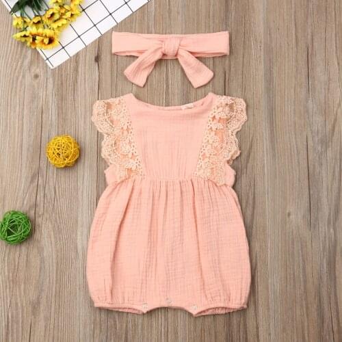 Summer Baby Girl Rompers Newborn Girls Solid Lace Sleeveless Romper Jumpsuit With Headband One-Pieces Clothes for 0-24Months