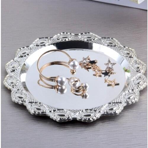 Round metal tray,dessert tray dessert bread plate dinner tray serving dish party plates for weddings cake embossed floral edge