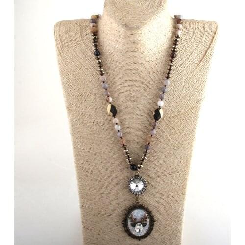 Fashion Bohemian Tribal Jewelry Stone Crystal Hematite Long Knotted Crystal Link Chain Metal Drop Necklaces For Women