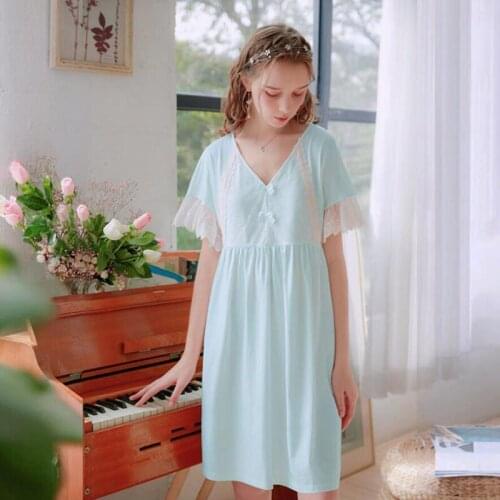 Blue Princess Night Dress Women White Female Short Sleeve Sleepwear Cotton Lace Nightwear Nightgowns Homewear Luxury Gown FG390