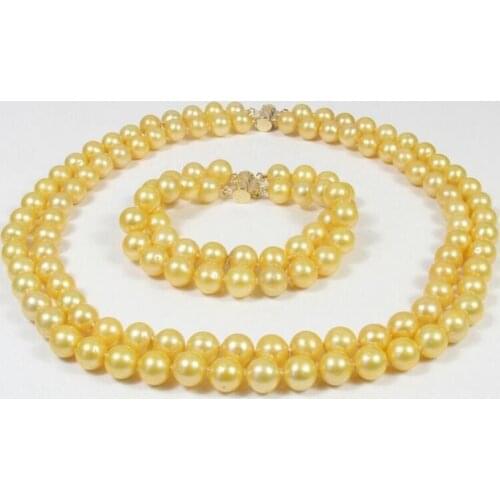 Natural 10-9 mm Yellow pearl bracelet necklace 18" + gift earring