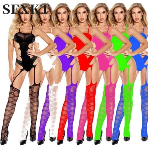 Sexy Lingerie Sexy Suspender Underwear One-Piece Open Hip Leakage Fishnet Clothes Suit Leggings Stockings Plus Size Costumes