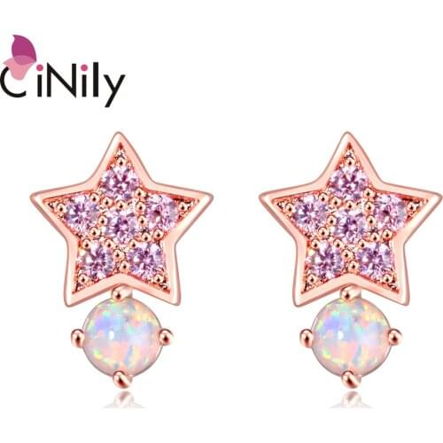 CiNily White Fire Opal Pink Star Rose Gold Women Zircon Jewelry Stud Earrings OH4775