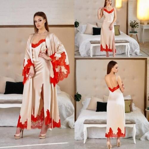 Champagne Silk Satin Bridal Nightgown Night Dress Lace Long Sleeves Sleepwear Nightdress Women Nightwear Bridal Boudoir Dress