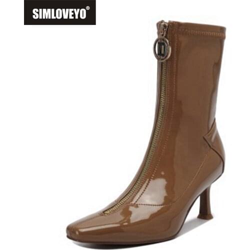 SIMLOVEYO 2021 Genuine Leather Women boots stiletto heels Pointed toe Ladies shoes Winter solid color Ankle boots Patent leather