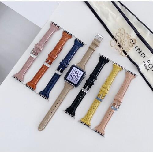 Slim Brown 40mm 38mm 42mm 44mm leather watch bands For Apple Watch luxury Bamboo Strap Crocodile Pattern Sport Bracelet Series
