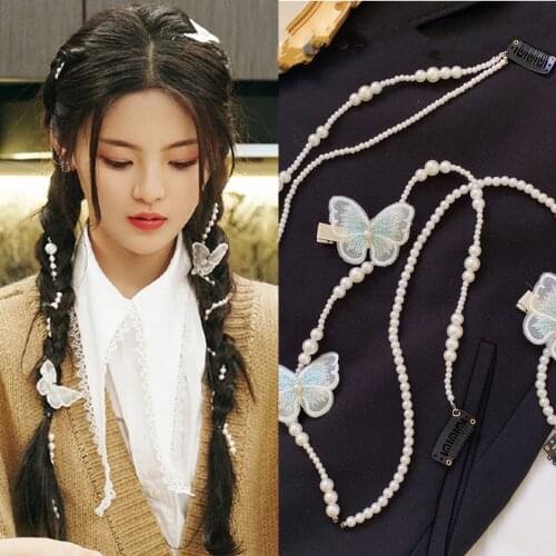 Womens Braid hair chain with pearl tassel Pearl chain Braid hair accessories Bow hairpins Braid hair clips Fashion temperament