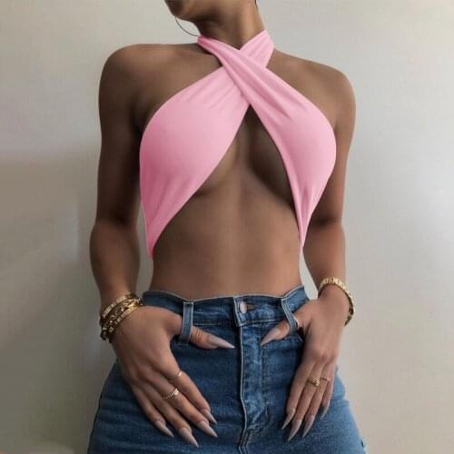 Women Summer Crop Tops Solid Color Lacing Halter Neck Sleeveless Backless Tank Tops for Girls Pink/Yellow/Grey/Black/White/Khaki