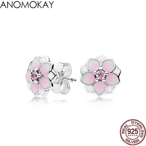 Anomokay Authentic 925 Sterling Silver Pink Cherry Blossoms Flower Stud Earrings for Women Girl 925 Silver Plant Earring Gift