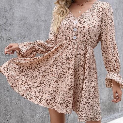 Women Button Leopard Printed Short Dress Autumn Spring Female V Neck Long Flare Sleeve Sweet Boho Mini Party Dresses WDC7848