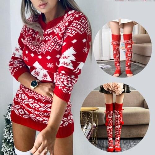 Woman Dress Christmas Sweater 2020 Winter Long Knitted Dresses A-line Mini Dress with Thigh High Over The Knee Socks Stockings