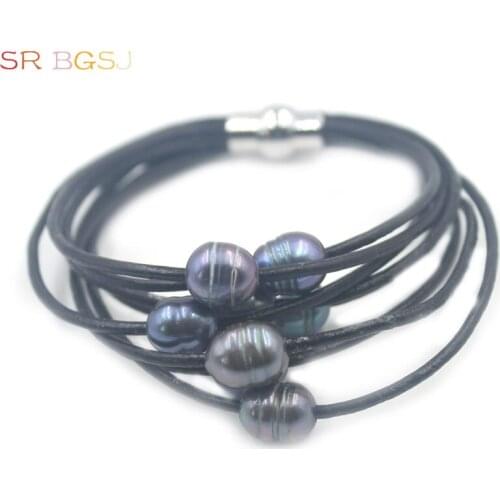 Free Shipping On Sale! Gift Packed! 10-12mm Freshwater Pearl 8-Strand Style Leather Cord Magnetic Jewelry Women Bracelet 7.5-8"