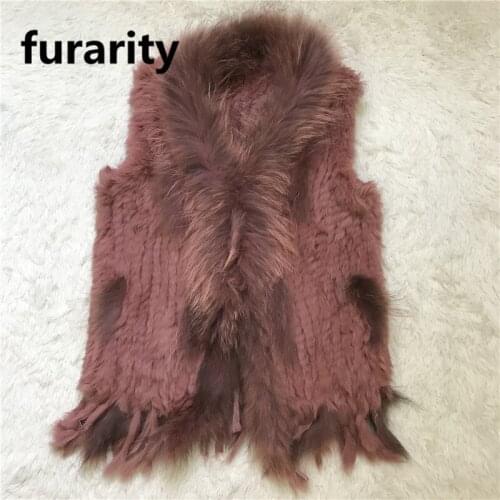 Furarity Free shipping womens natural real rabbit fur vest with raccoon fur collar waistcoat/ rabbit knitted winter gilet SF0047