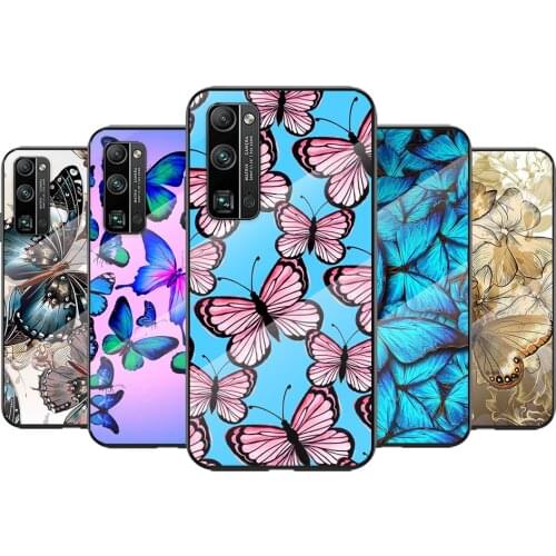 Tempered Glass Cover Pink Butterfly Fly For Huawei Honor 30 20 10 9X 8X Pro Plus Lite Shockproof Shell Phone Case