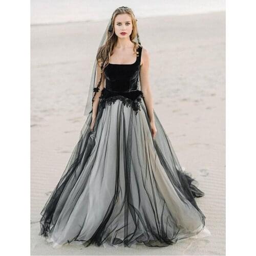 Square Collar Black Wedding Dress Contrast color Bride dresses Lace Appliques Bridal Gowns Backless Vestido De Noiva Lorie