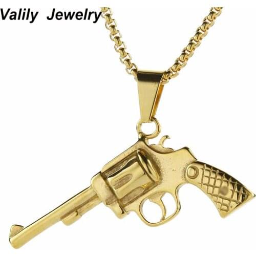 EdgLifU Golden Box Chain Pistol Pendant Necklace Men Stainless Steel Hot Game JS Cross Fire Weapon Gun Necklace Jewelry