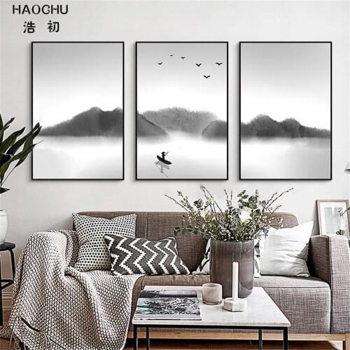 HAOCHU New Chinese style ink landscape Murals WALL ART Canvas Painting Wall Painting poster decorations for home STUDY OFFICE