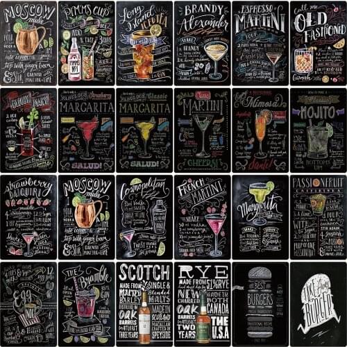 [ Kelly66 ] Chalk Drawing Cocktail Mimosa Mojito Margarita Beer Metal Sign Home Decor Bar Wall Art Painting 20*30 CM Size LAT-10