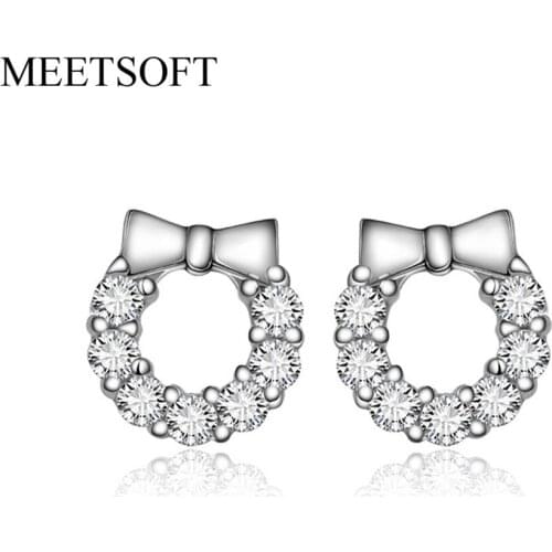 MEETSOFT Silver Plated Prevent Allergy Fashion Stud Earrings for Women Design Trendy Crystal Bow Wreath Hollow Out Jewelry Gift