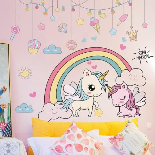 Cartoon Wall Stickers DIY Rainbow Unicorn Horse Wall Decals for Kids Rooms Baby Bedroom Home Decoration Home Office Decor