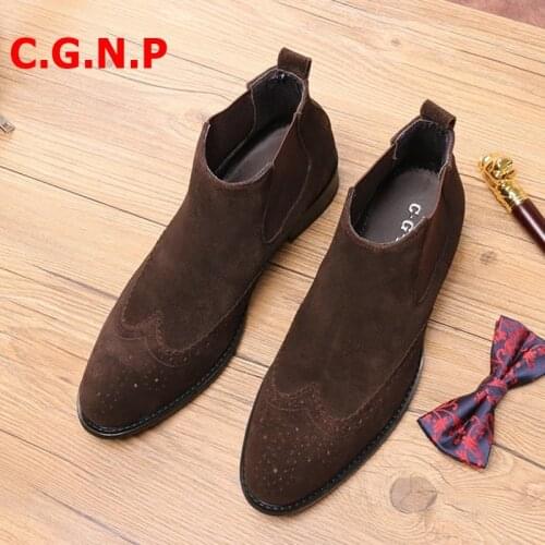 C.G.N.P Men Shoes Chelsea Boots Fashion Botas Frosted Trend Mens Casual Boots Brown Luxury High-top Shoes For Men Leather Shoes