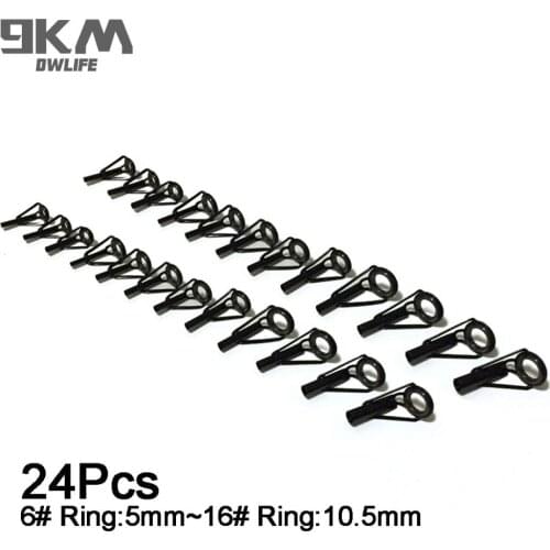 Fishing Rod Guide 24Pcs Stainless Steel Rod Tip Repair Ring Black Ceramic Replacement Freshwater Saltwater Mixed Size 5~10.5mm