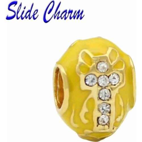 Easter gifts, DIY big hole beads, yellow enamel, white rhinestones, golden oval Russian eggs religious cross charm for women