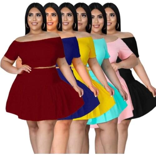 Sexy 2 Piece Set Short Sleeve Off Shoulder Crop Tops + Pleated Mini Skirt Two Piece Set Women Female Club Outfits Plus Size 5XL