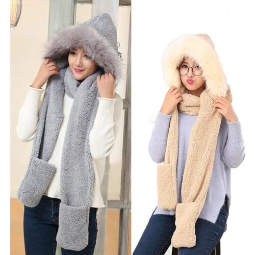 Women Fuax Fur Hat Scarf Gloves Set Thick Wool Collar Ear Protectors Warm Plush Solid Color Fox Fur Fluffy Fleece Windproof Caps